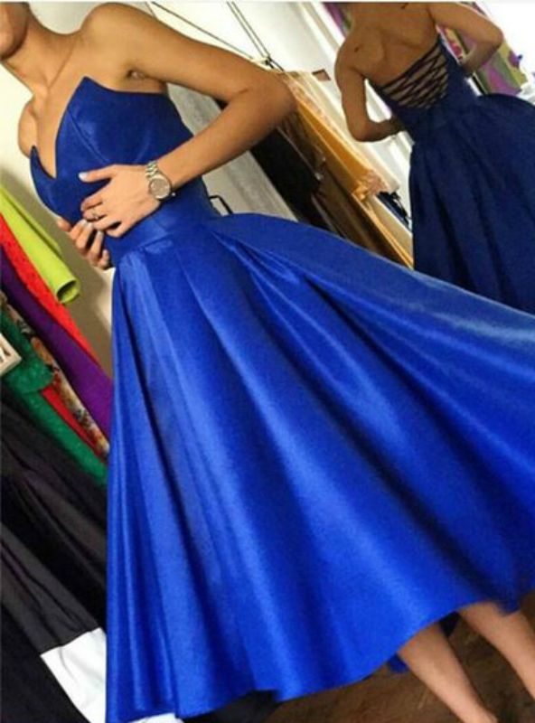 Sweetheart Royal Blue Satin Homecoming Dresses Criss Cross Back MyChicDress