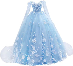 Sweetheart Tulle 3D Flowers Quinceanera Dresses Blue with Cape MyChicDress