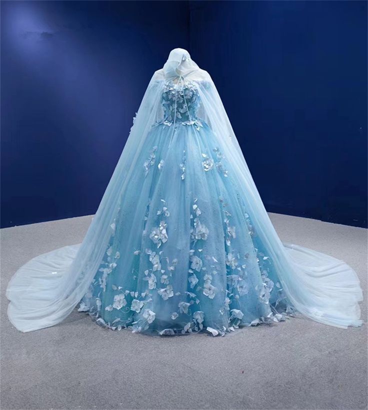 Sweetheart Tulle 3D Flowers Quinceanera Dresses Blue with Cape MyChicDress