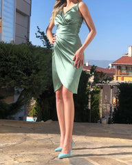 Tight Sage Green Wedding Guest Dress Sheath V Neck Short Bridesmaid Dresses MyChicDress