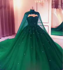 Tulle Ball Gown Emerald Green Quinceanera Dresses Crystals With Cape Free MyChicDress