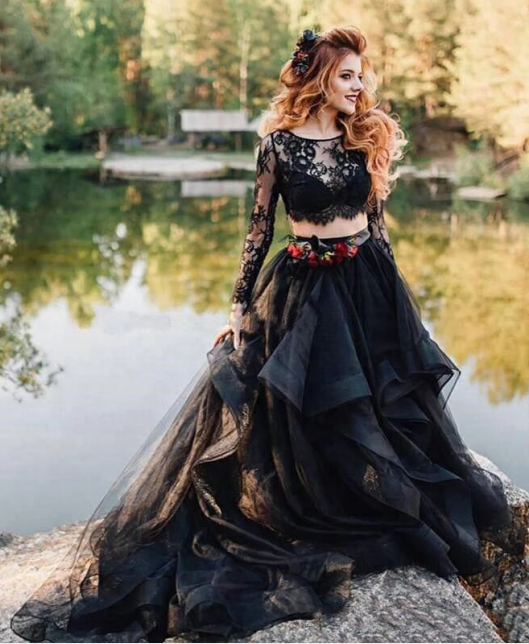 Two Piece Long Sleeves Lace Tulle Black Gothic Wedding Dresses MyChicDress