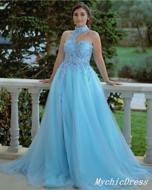 Unique Lace Halter Prom Dresses Blue Tulle Applique Formal Dresses MyChicDress