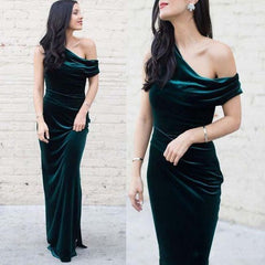 Unique Long Emeral Green Velvet Bridesmaid Dresses One Shoulder Wedding Guest Dress MyChicDress