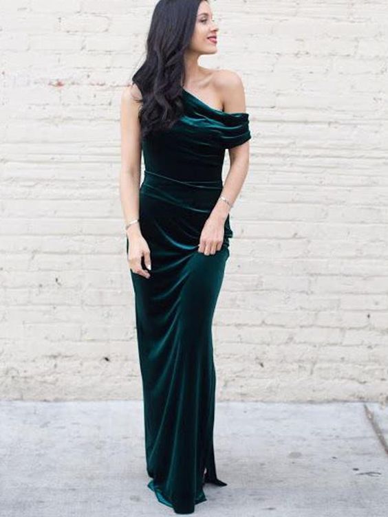 Unique Long Emeral Green Velvet Bridesmaid Dresses One Shoulder Wedding Guest Dress MyChicDress