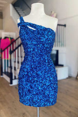 Unique One-Shoulder Keyhole Blue Sequins Homecoming Dresses Mini Hoco Dress MyChicDress