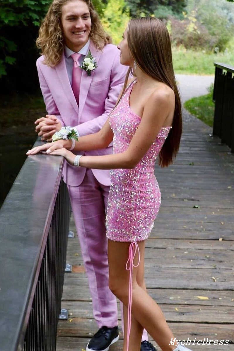 Unique Pink Sequin Hoco Dresses Tight One Shouder Mermaid Cocktail Dress MyChicDress