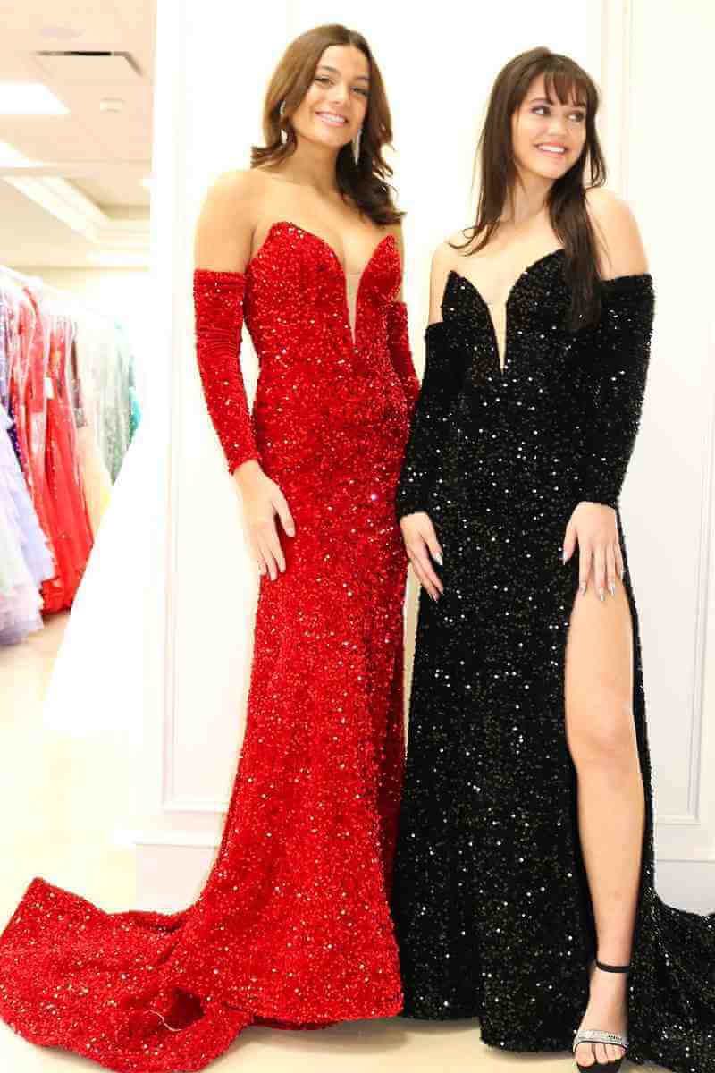 Unique Red Mermaid V Neck Prom Dresses Long Sleeves Sweetheart with Split MyChicDress