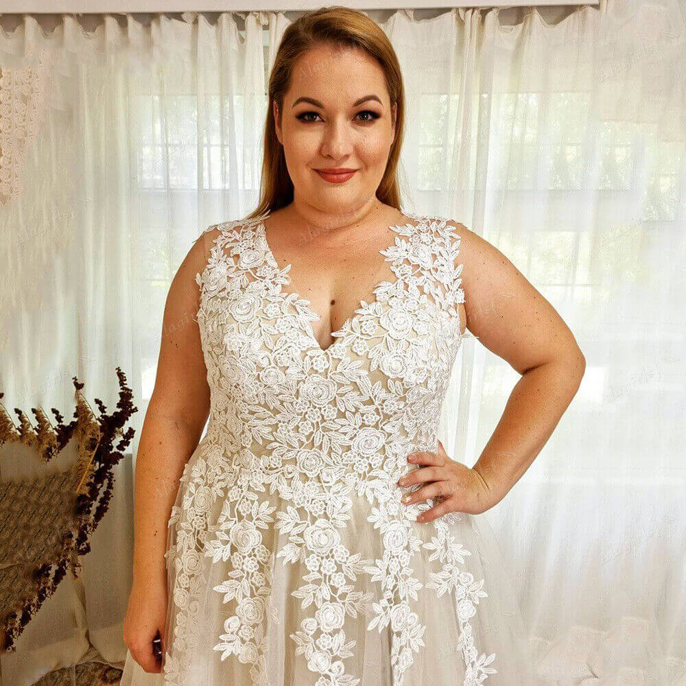 V Neck Lace Plus Size Wedding Dresses Beach Appliques A Line Boho Bridal Gowns MyChicDress