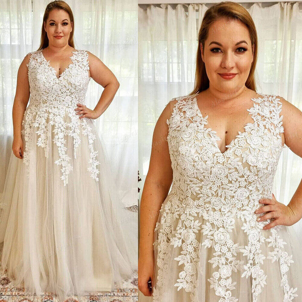 V Neck Lace Plus Size Wedding Dresses Beach Appliques A Line Boho Bridal Gowns MyChicDress