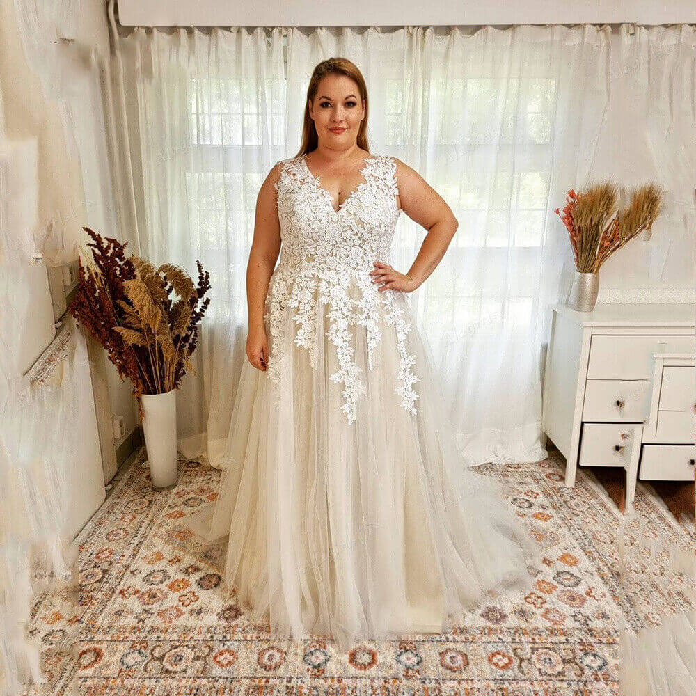 V Neck Lace Plus Size Wedding Dresses Beach Appliques A Line Boho Bridal Gowns MyChicDress