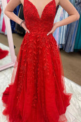 V Neck Lace Red Prom Dresses UK A Line Long Evening Gowns MyChicDress