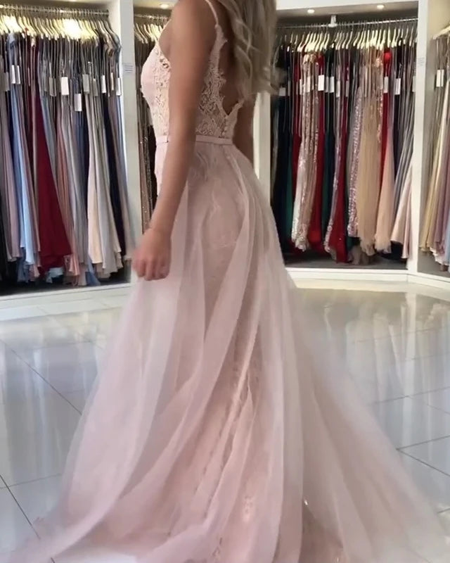 V Neck Long Mermaid Pink Lace Prom Dresses Open Back MyChicDress