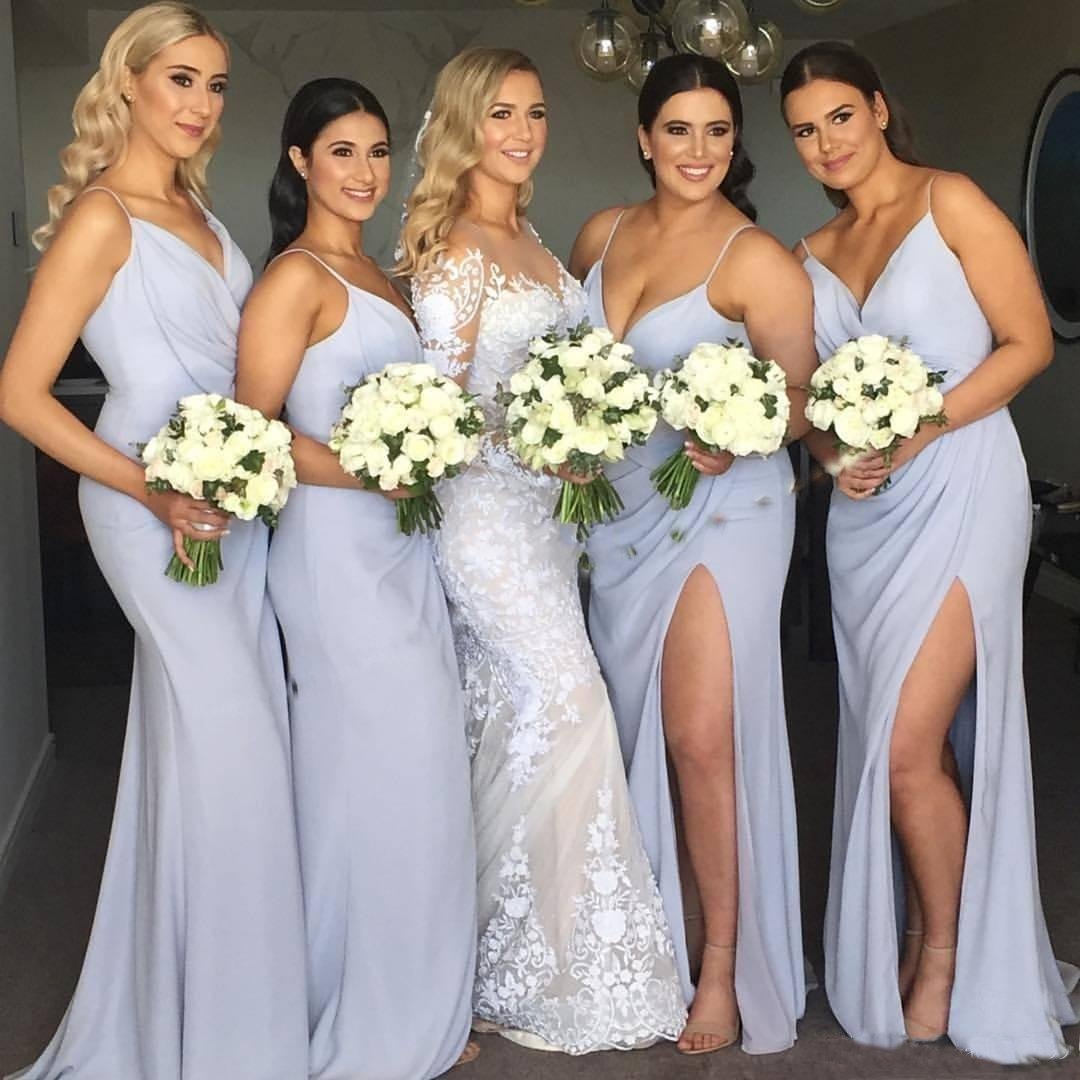 V Neck Sleeveless Long Sky Blue Bridesmaid Dresses Spaghetti Straps MyChicDress