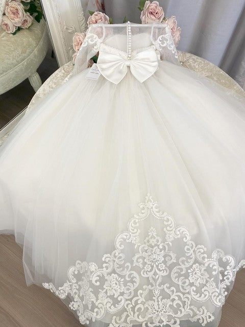 White Lace Tulle Flower Girl Dresses Long Sleeves with Bowknot MyChicDress