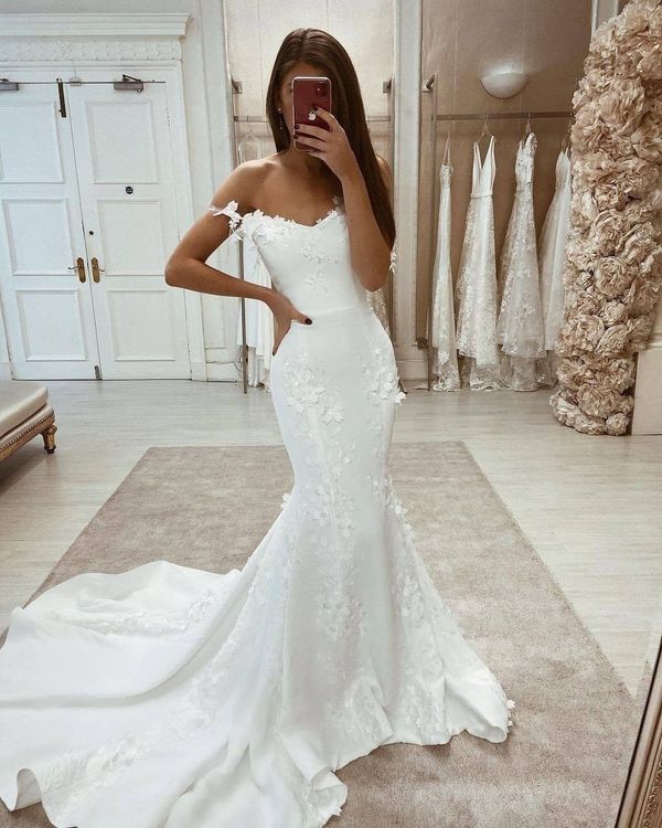 White Satin Wedding Dresses Appliques Mermaid Off the Shoulder Prom Dress MyChicDress