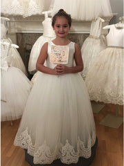 White Scoop Ball Gown Tulle Lace Flower Girl Dresses MyChicDress