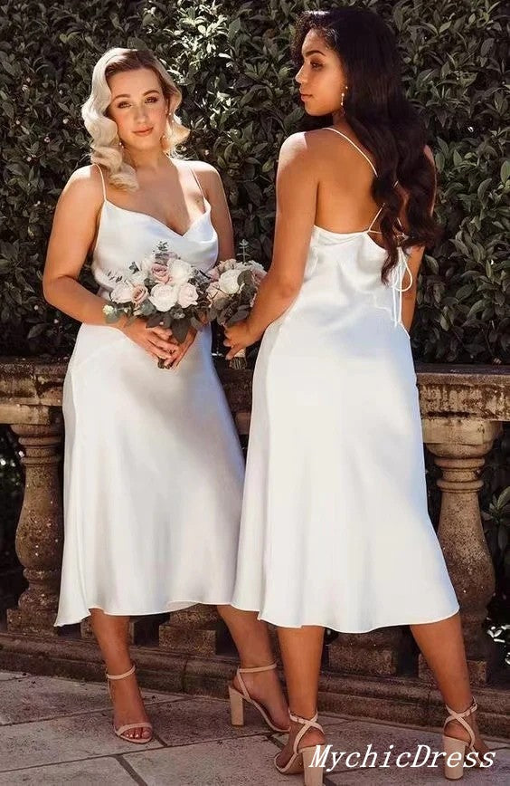 White Spaghetti Straps Simple Short Satin Beach Bridesmaid Dresses MyChicDress