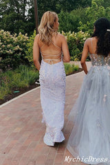 White Spaghetti Straps Split Iridescent Sequin Prom Dresses 2025 MyChicDress