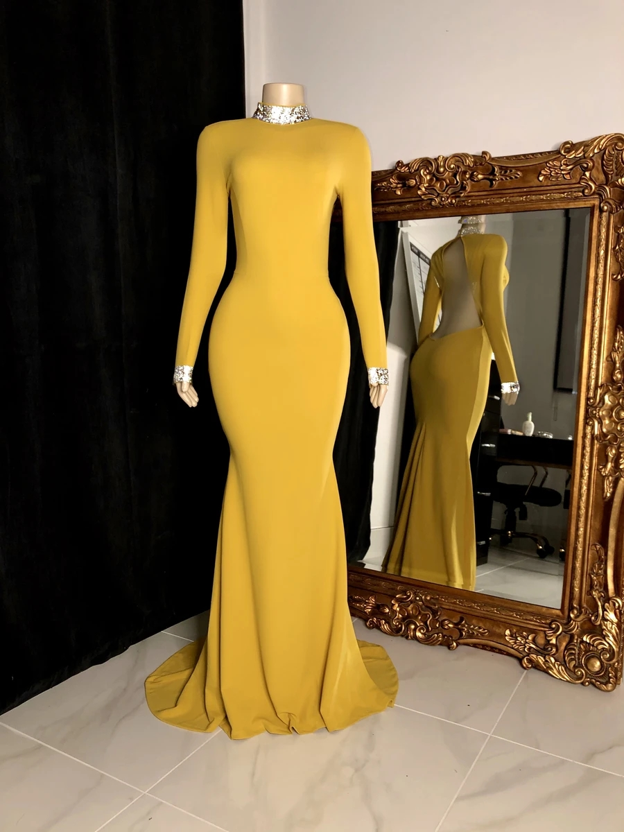 Winter Wedding Guest Dresses Long Sleeves High Neck Yellow Prom Dresses MyChicDress