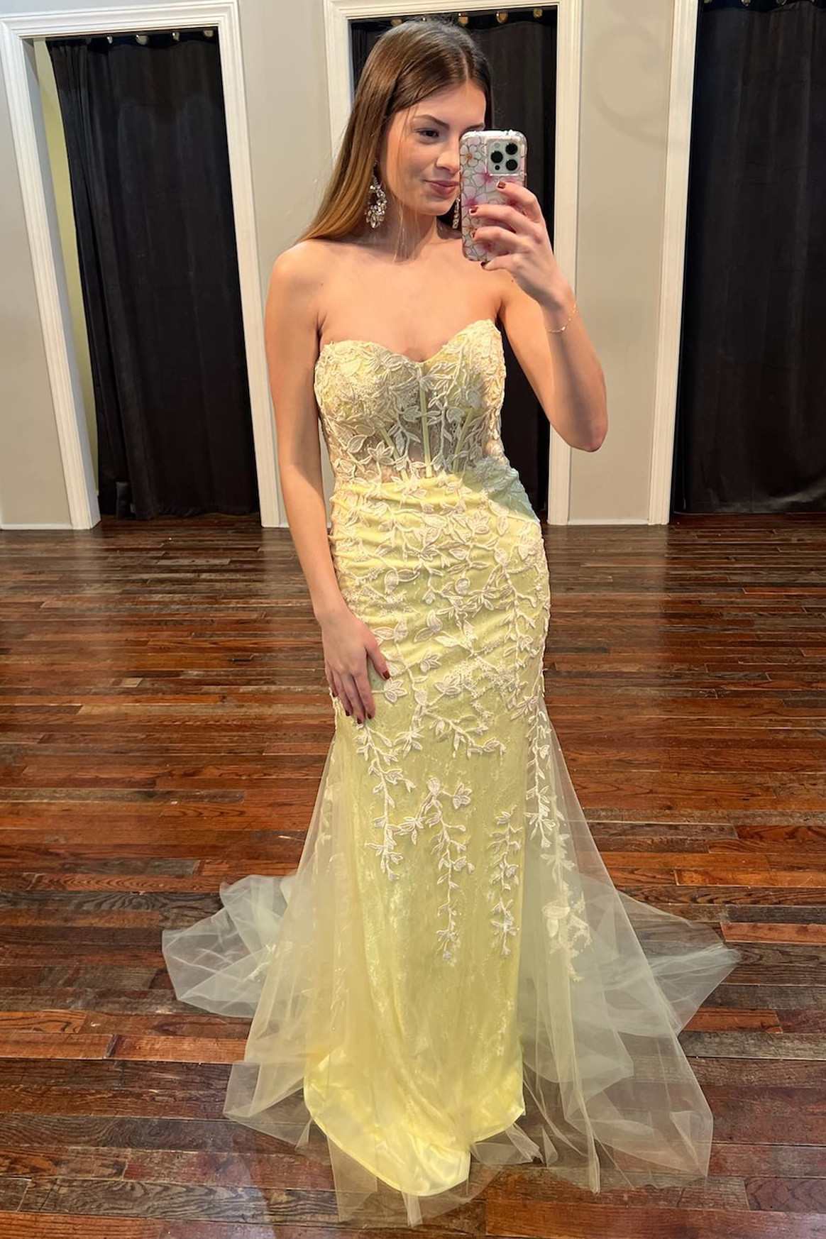 Yellow Floral Lace Long Prom Dress Mermaid Sweetheart Graduation Dresses MyChicDress