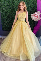 Yellow Lace One Shoulder Prom Dresses A Line Evening Gowns MyChicDress