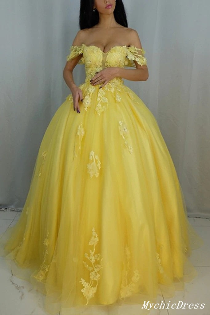 Yellow Lace Prom Dresses Tulle Appliques Long Party Dresses UK MyChicDress