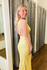 Yellow Long One Shoulder Prom Dresses sequin Mermaid Evening Dresses MyChicDress