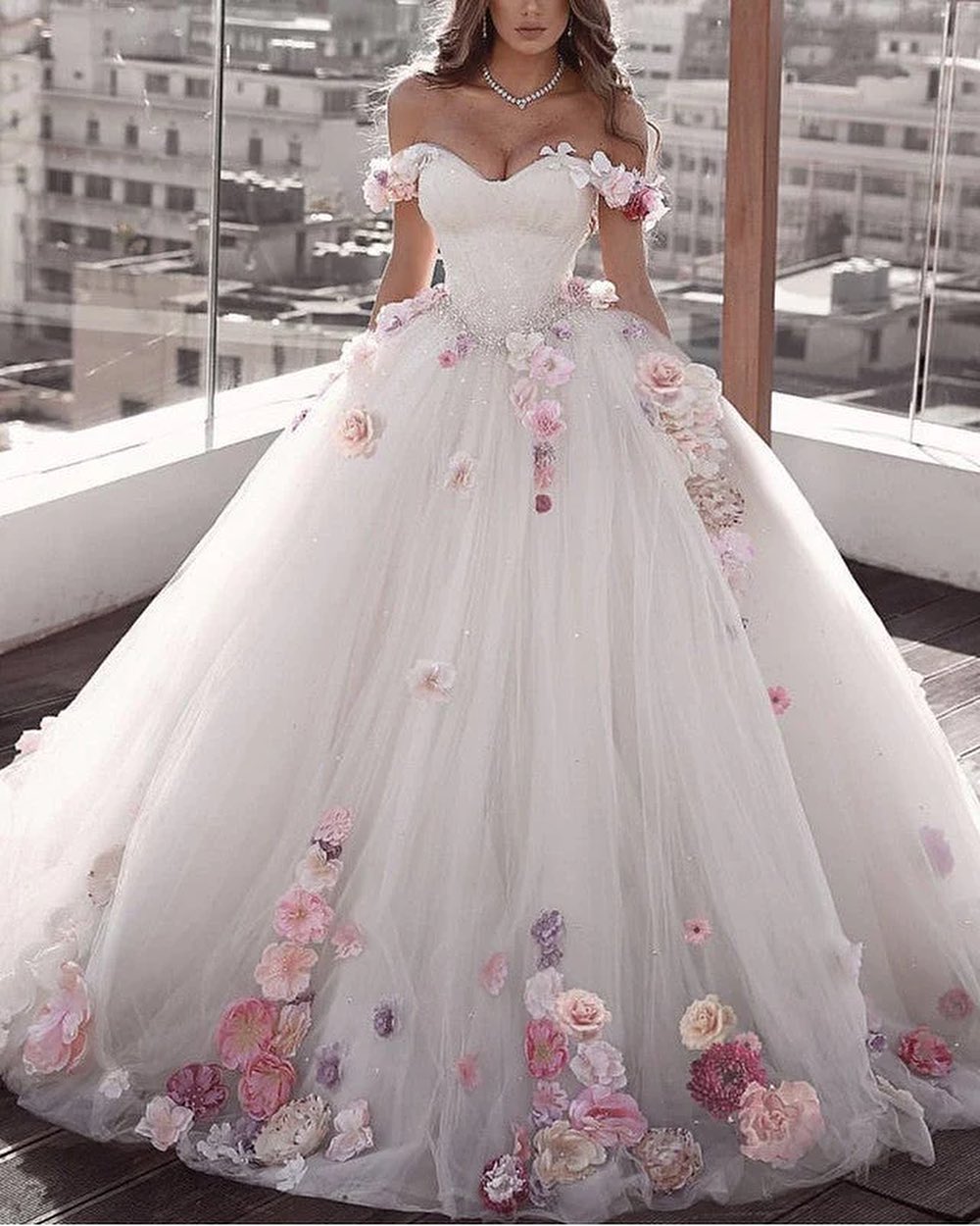 Off Shoulder Floral Flowers Ball Gown Wedding Dresses Tulle Beaded –  MyChicDress