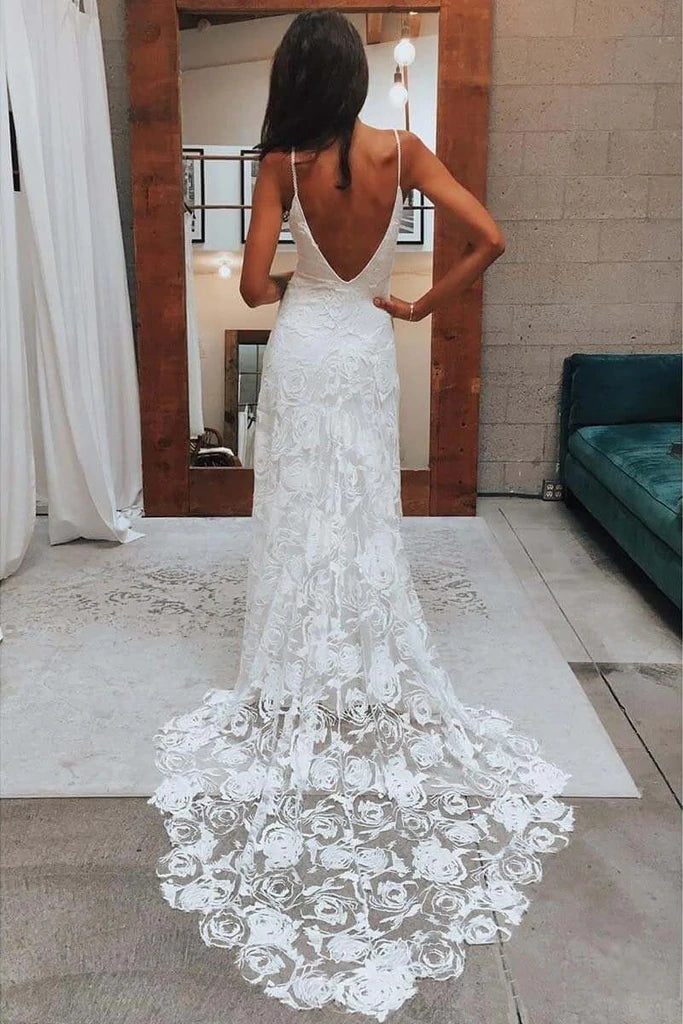 Sexy Mermaid Spaghetti Strap Chiffon Lace Wedding Dresses