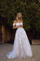 Simple A Line Beach Wedding Dresses White Tulle Off Shoulder Bridal Go –  MyChicDress
