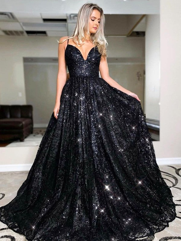 Custom Made A Line V Neck Sparkly Sequins Black Long Prom Dresses, Black V  Neck Sequins Long Evening Dresses