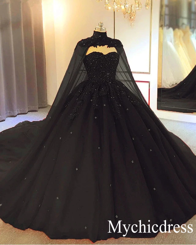 Sleeveless Black Wedding Dresses With Cape