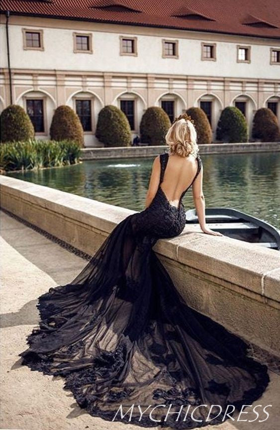 Mermaid Lace Black Wedding Dresses V Neck Sleeveless Tulle Gothic
