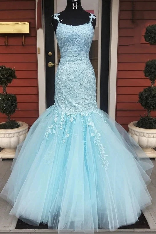 2024 Mermaid Royal Blue Prom Dresses White Lace Applique with Spaghett –  MyChicDress
