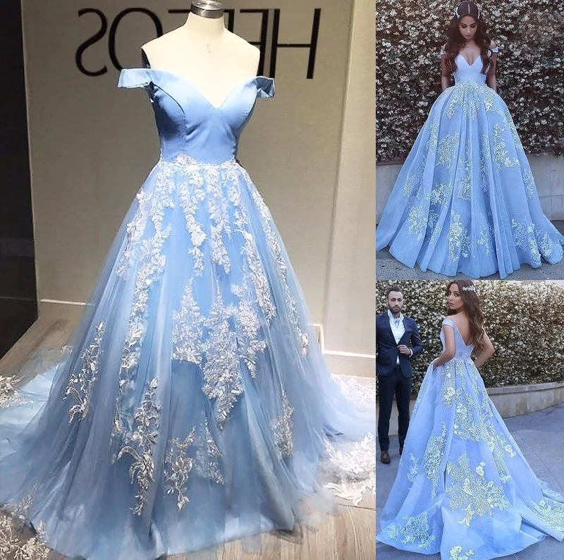 Off the Shoulder Blue Prom Dresses 2024 Lace A Line Evening Gowns ...
