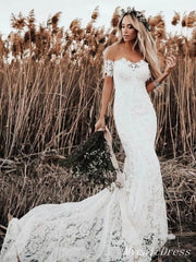 Long Sleeves Lace Boho Wedding Dresses Cheap Mermaid Bridal Gown