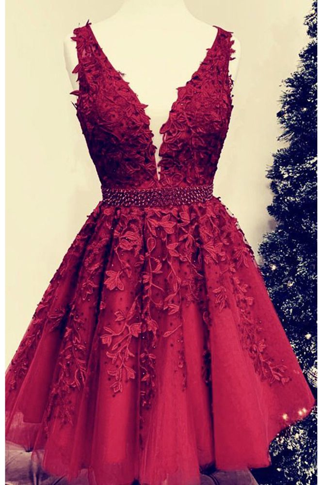 Sexy Short V-neck Red Lace Prom Dresses Cheap Party Dress – MyChicDress