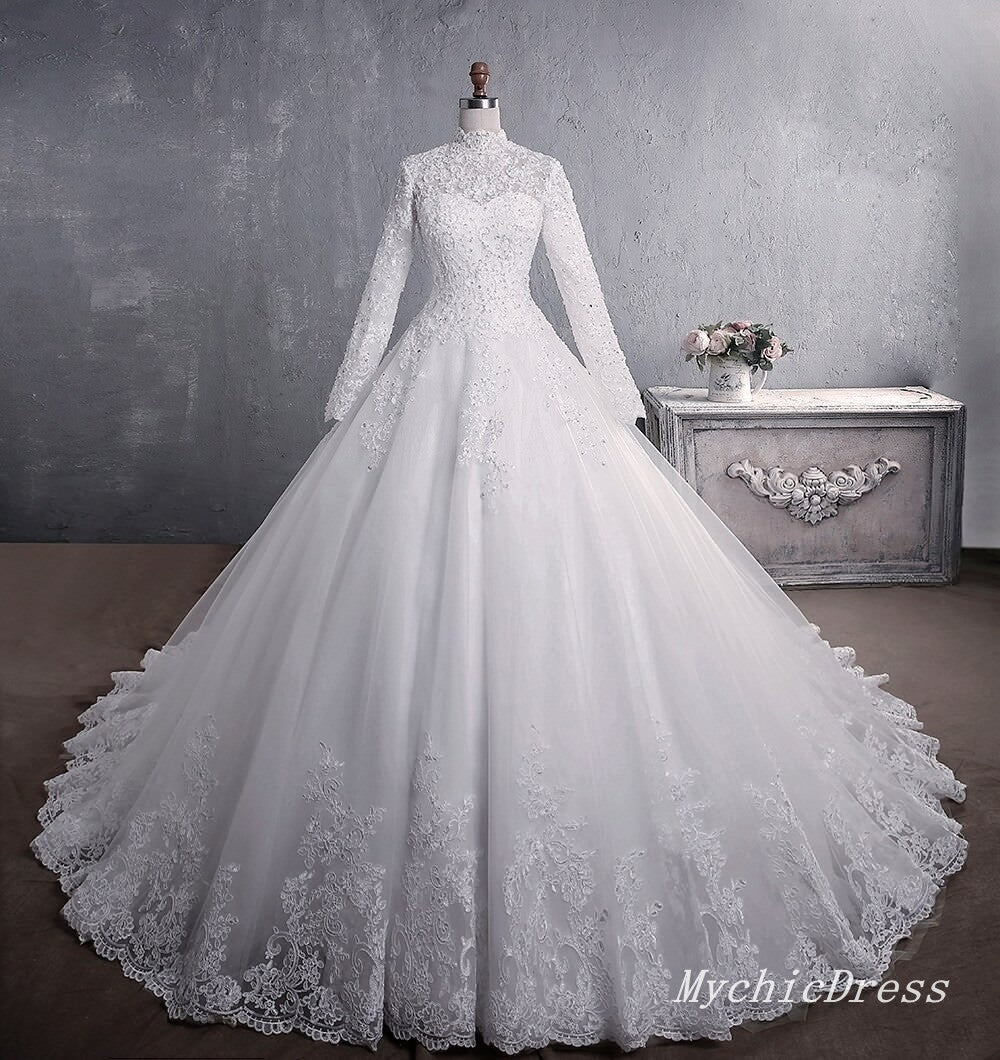 Princess Ball Wedding Dresses Off Shoulder Lace Long Sleeves Applique Bride  Gown