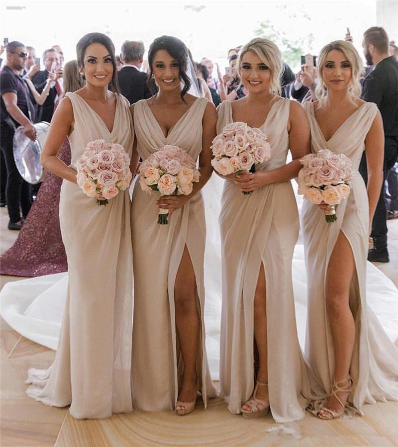 Women's Formal Dresses Long Ruffle Sleeve Chiffon V Neck Split Bridesmaid  Dresses for Wedding Evening Flowy Gown