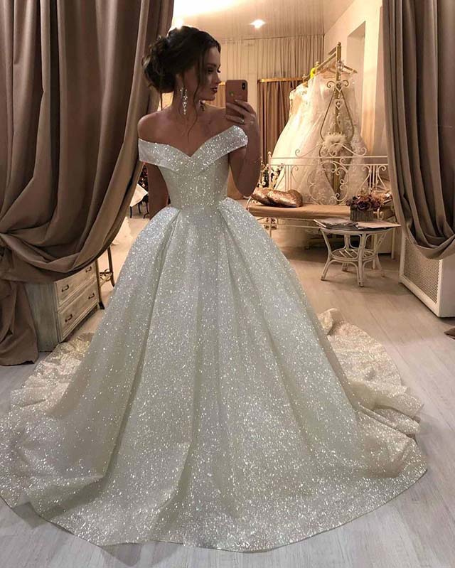 Sparkly Bling Bling Sequins Ball Gowns Wedding Dresses Off Shoulder Mychicdress