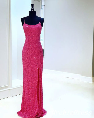 Sparkling Hot Pink Sequin Prom Dresses Spaghetti Straps with Slit ...