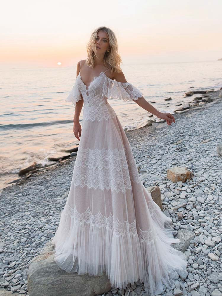 Lace Illusion Boho Bridal Gowns for Women with Train Beach Wedding Dresses  for Bride 2023 Champagne at  Women's Clothing store
