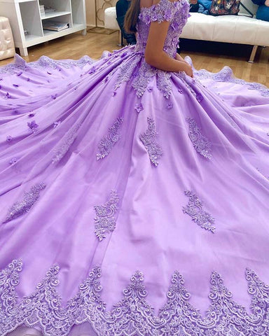 Off Shoulder Lace Lavender Quinceanera Dresses Appliques Flowers Sweet ...