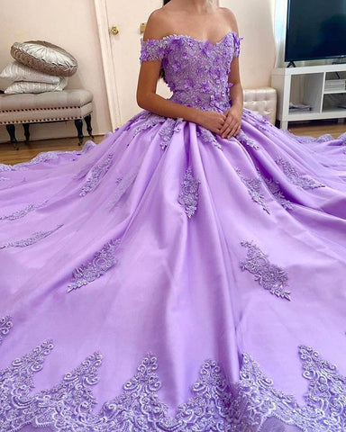 Off Shoulder Lace Lavender Quinceanera Dresses Appliques Flowers Sweet ...