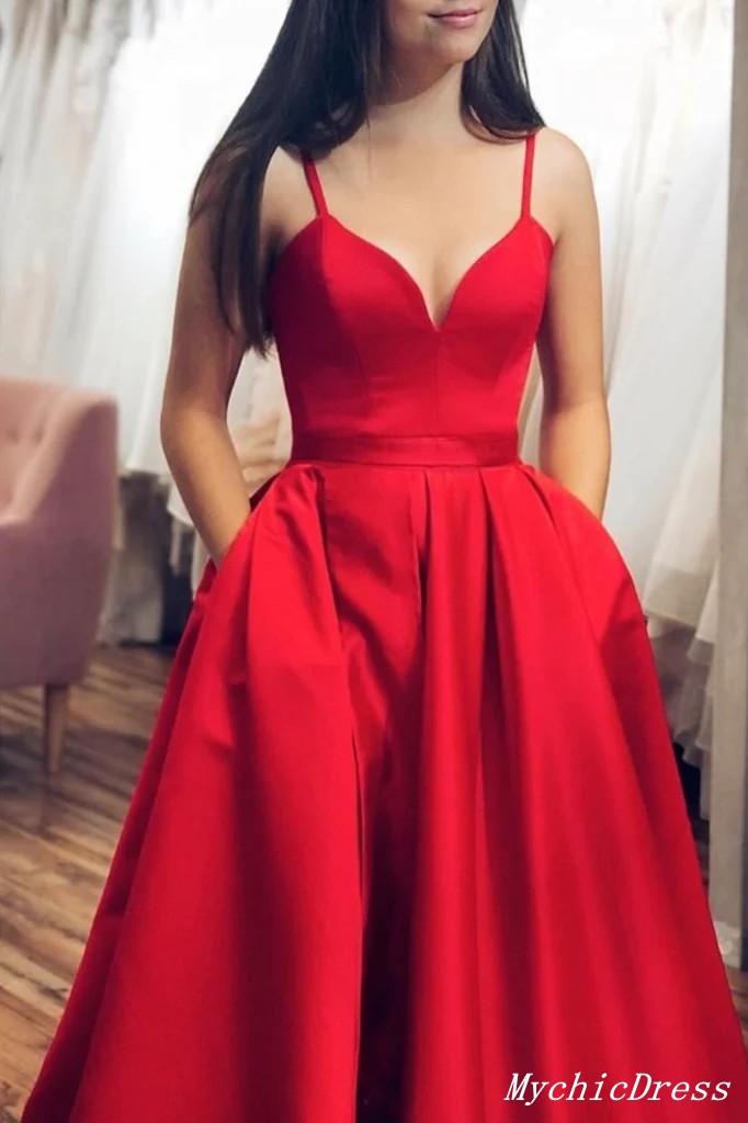 A-Line V Neck Spaghetti Straps Backless Sweep Train Red Satin Long Pro –  abcprom