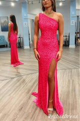 Long Pink Prom Dresses Sequins One Shoulder Evening Gown with Split