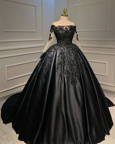 Long Sleeve Ball Gown Lace Appliques Plus Size Satin Prom Dresses UK ...