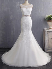 Bateau Neckline Mermaid Tulle Lace Wedding Dresses