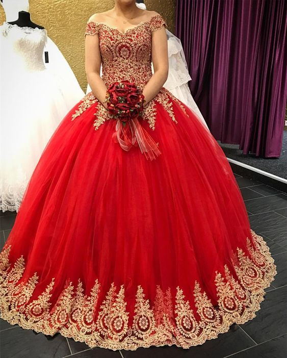 off the shoulder Lace Sweet 16 Dresses Red Quinceanera Dresses - MyChicDress